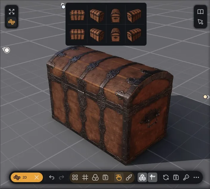 A wooden chest in the viewer with its eight sides drawn as a sprite sheet above it