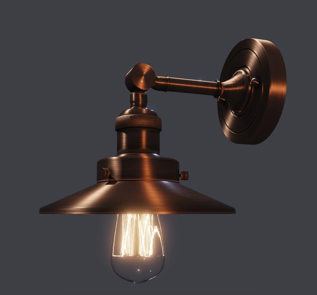 A brushed copper barn lamp, its highlight stretched along the grain of the metal.