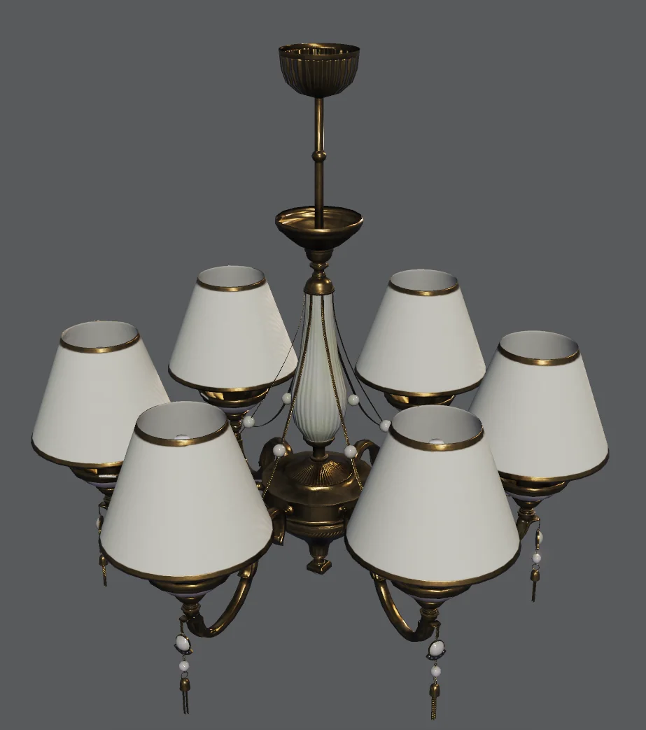 A brass chandelier with fabric shades and an opal glass stem, lit from within.