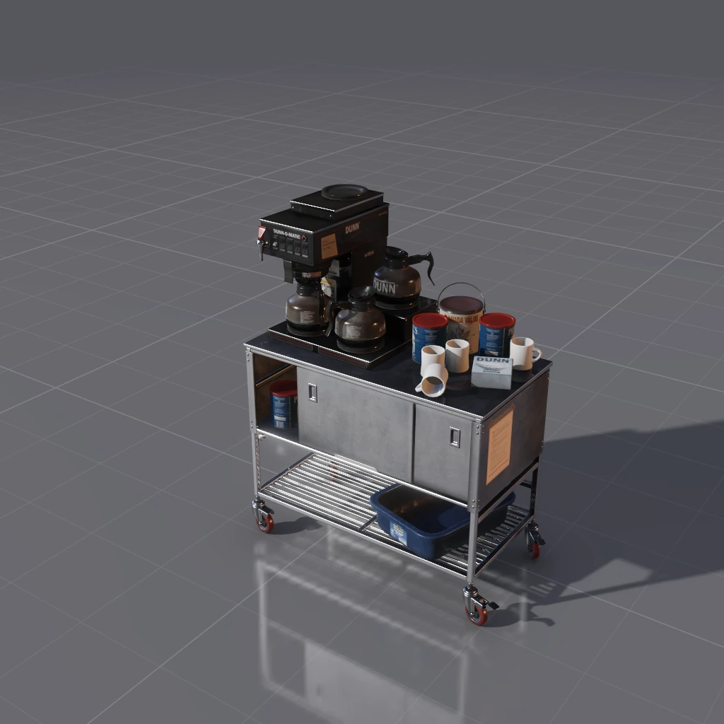 A cart on a reflective floor. The mirrored copy is the floor doing it, not a second light