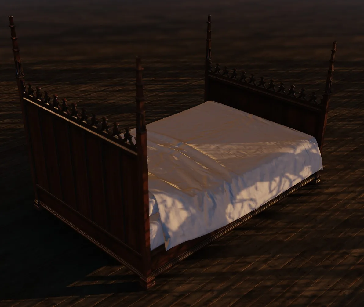 A four-poster bed in a dark room, the light broken into patches across the bedding
              and the boards