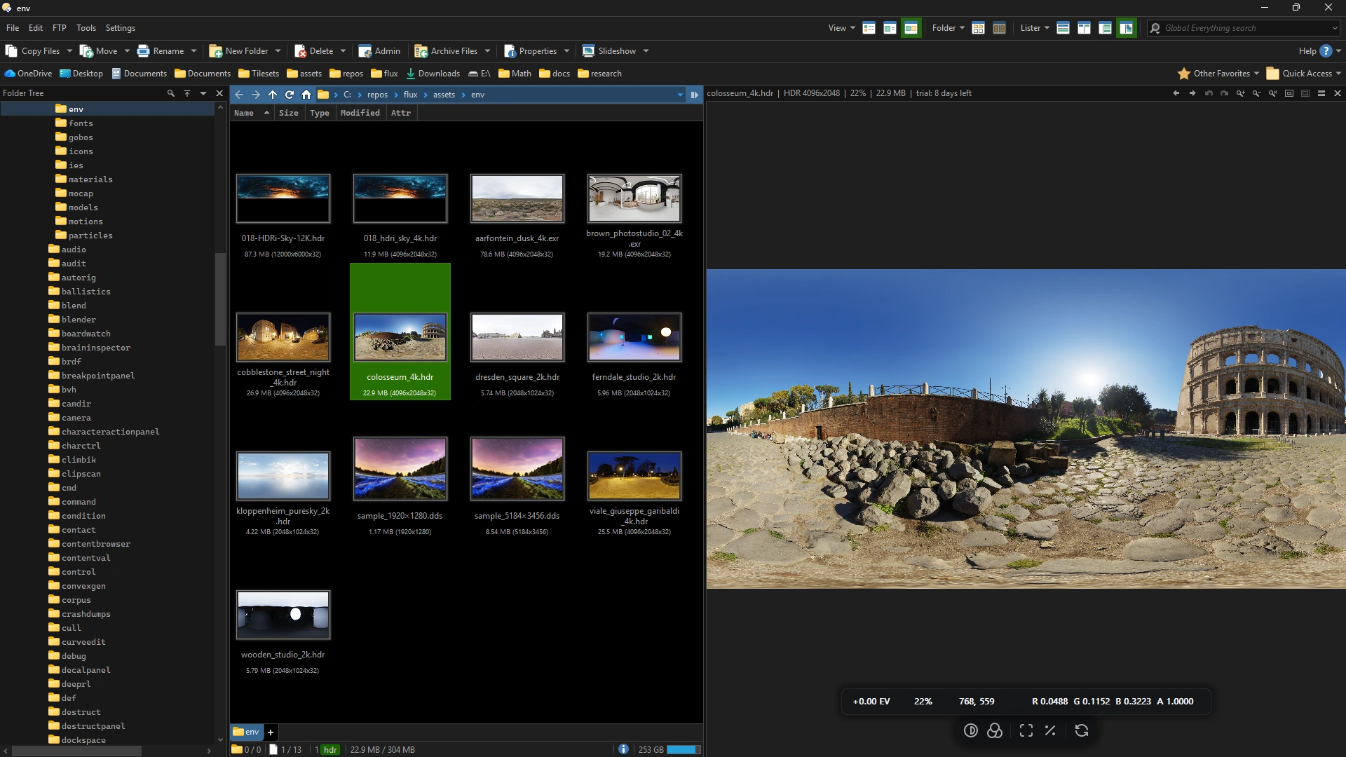 A folder of HDR, EXR and DDS files in Directory Opus, each with a thumbnail,
                and one of them open in the preview pane.