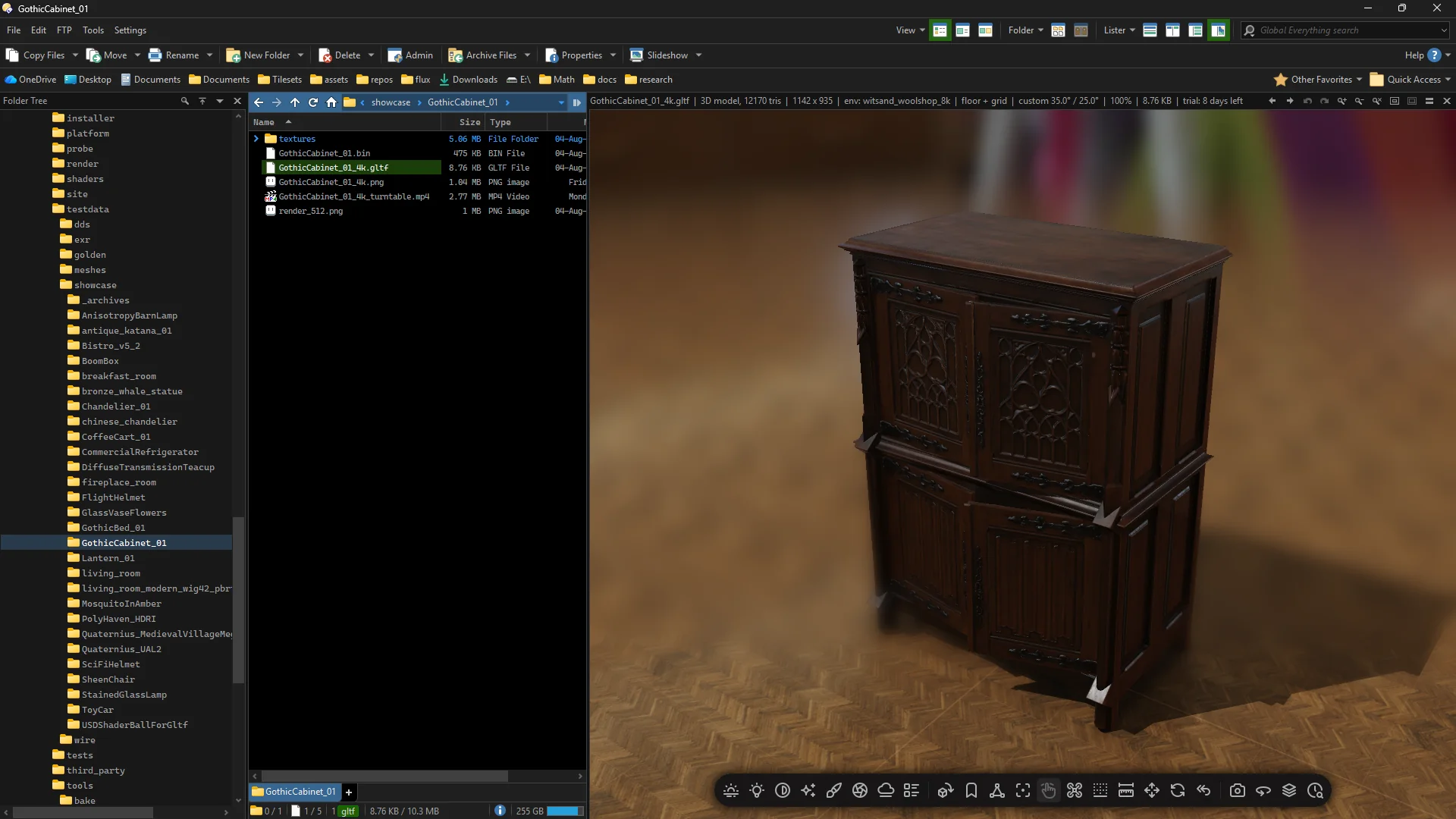 Directory Opus with a carved wooden cabinet open in the preview pane, its file
              listed in the folder beside it.
