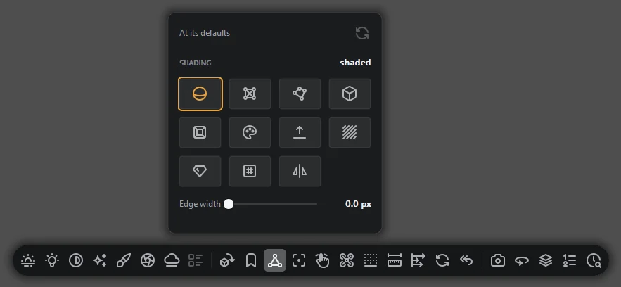 The shading picker, its cells naming wireframe, normals, UV and x-ray