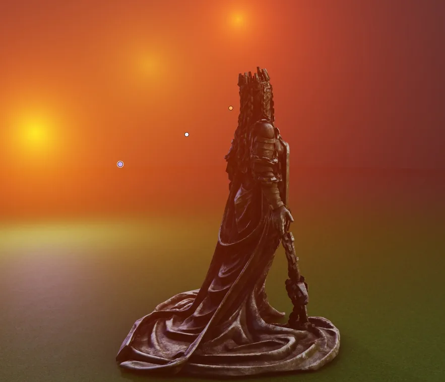 A bronze robed statue on a green floor against an orange backdrop, three point lights placed around it, each a glow with a round handle at its centre