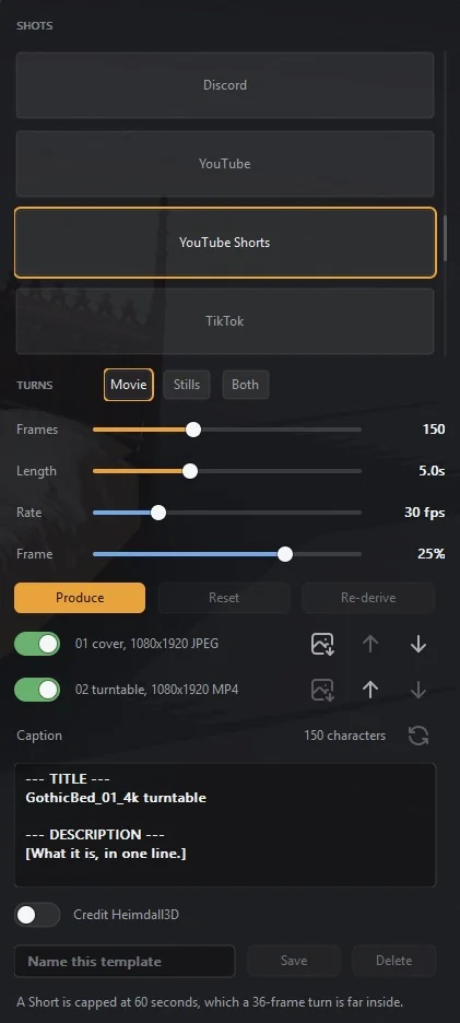 The shots card with YouTube Shorts selected, the turn controls, the two produced files and the counted caption