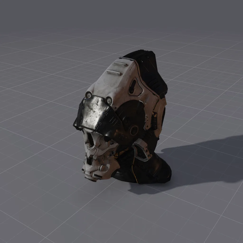 A sci-fi helmet on its floor, the still the banner film starts from.