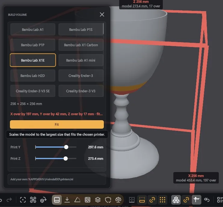 A goblet over the Bambu Lab X1E build volume, the Build volume card open with Fit