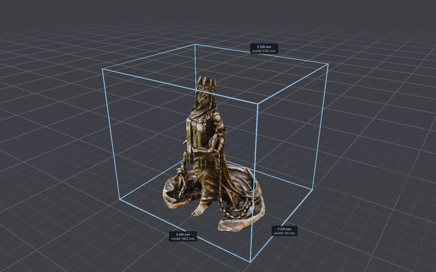 A scanned statue fitted to a Prusa MK4S, its build volume drawn around it with the sizes in millimetres