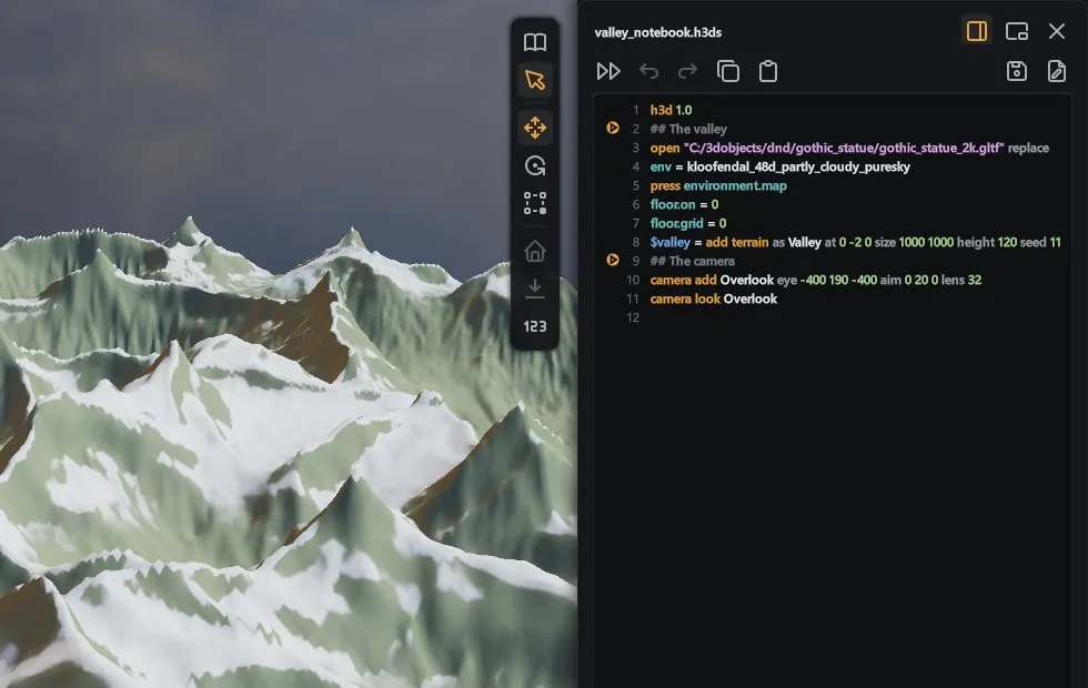 A mountain valley made by a script, with the notebook showing its lines