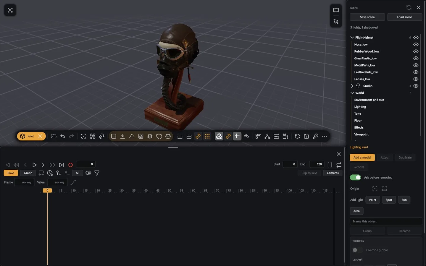 The viewer window with a flight helmet, the toolbar, the time dock and the scene list