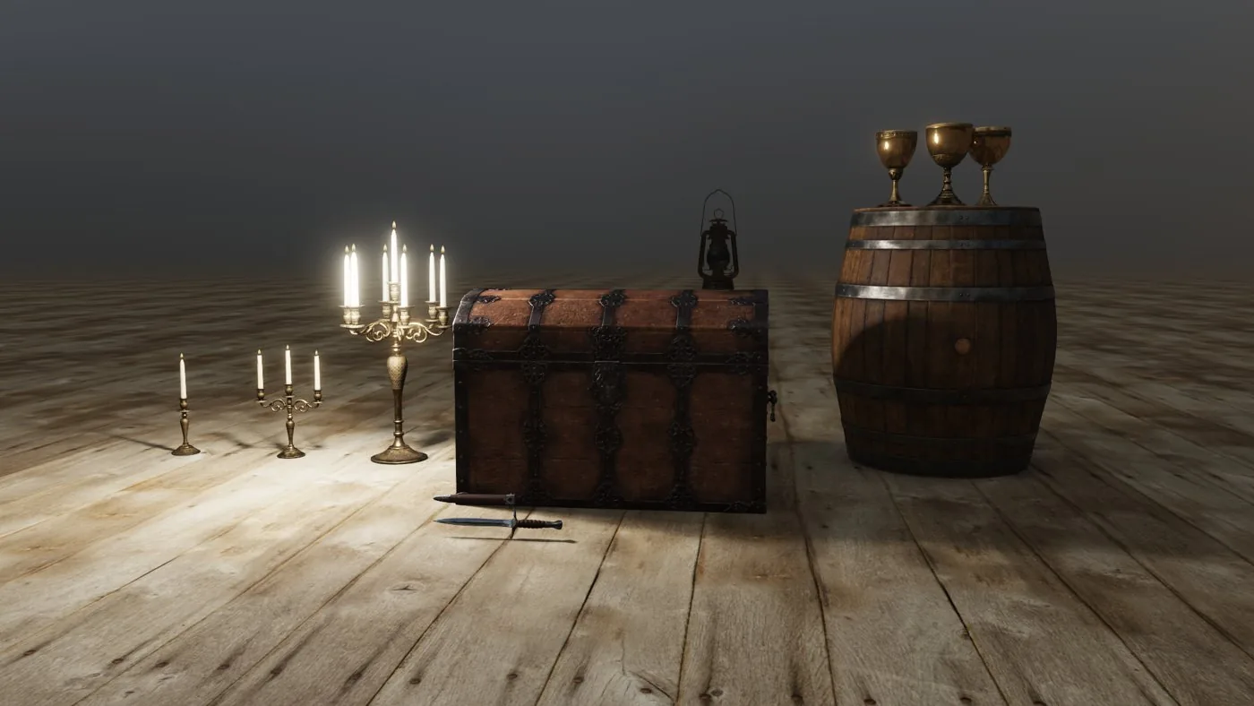 A tavern table at night lit by its own candles and lantern